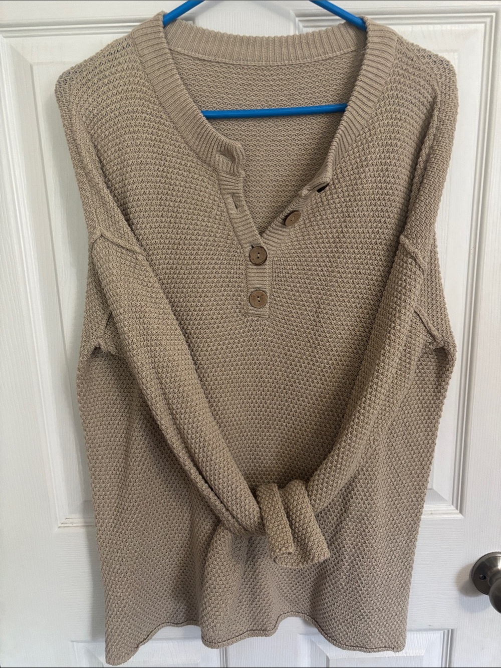Neutral Beige Waffle Henley Sweater - Unbranded